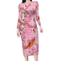 Pink Palaka Hawaiian And Japanese Long Sleeve Bodycon Dress Sakura Lei With Koi Fish DT05 Long Dress Pink - Polynesian Pride