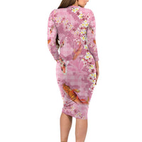 Pink Palaka Hawaiian And Japanese Long Sleeve Bodycon Dress Sakura Lei With Koi Fish DT05 - Polynesian Pride