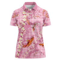 Pink Palaka Hawaiian And Japanese Women Polo Shirt Sakura Lei With Koi Fish DT05 Female Pink - Polynesian Pride