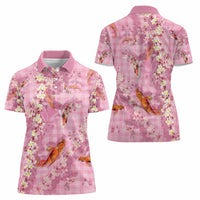 Pink Palaka Hawaiian And Japanese Women Polo Shirt Sakura Lei With Koi Fish DT05 - Polynesian Pride