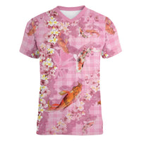 Pink Palaka Hawaiian And Japanese Women V-Neck T-Shirt Sakura Lei With Koi Fish DT05 Female Pink - Polynesian Pride
