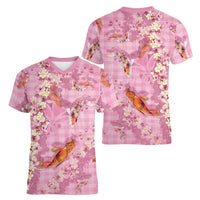 Pink Palaka Hawaiian And Japanese Women V-Neck T-Shirt Sakura Lei With Koi Fish DT05 - Polynesian Pride