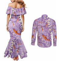 Purple Palaka Hawaiian And Japanese Couples Matching Mermaid Dress and Long Sleeve Button Shirt Sakura Lei With Koi Fish DT05 - Polynesian Pride