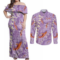 Purple Palaka Hawaiian And Japanese Couples Matching Off Shoulder Maxi Dress and Long Sleeve Button Shirt Sakura Lei With Koi Fish DT05 Purple - Polynesian Pride