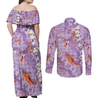 Purple Palaka Hawaiian And Japanese Couples Matching Off Shoulder Maxi Dress and Long Sleeve Button Shirt Sakura Lei With Koi Fish DT05 - Polynesian Pride