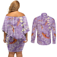 Purple Palaka Hawaiian And Japanese Couples Matching Off Shoulder Short Dress and Long Sleeve Button Shirt Sakura Lei With Koi Fish DT05 - Polynesian Pride