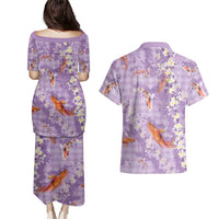 Purple Palaka Hawaiian And Japanese Couples Matching Puletasi and Hawaiian Shirt Sakura Lei With Koi Fish DT05 - Polynesian Pride