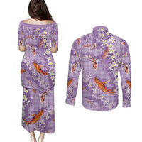 Purple Palaka Hawaiian And Japanese Couples Matching Puletasi and Long Sleeve Button Shirt Sakura Lei With Koi Fish DT05 - Polynesian Pride