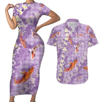 Purple Palaka Hawaiian And Japanese Couples Matching Short Sleeve Bodycon Dress and Hawaiian Shirt Sakura Lei With Koi Fish DT05 Purple - Polynesian Pride