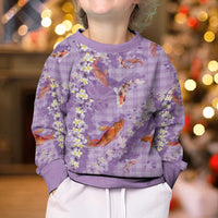Purple Palaka Hawaiian And Japanese Kid Ugly Christmas Sweater Sakura Lei With Koi Fish - Polynesian Pride