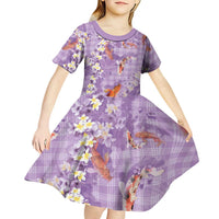 Purple Palaka Hawaiian And Japanese Kid Short Sleeve Dress Sakura Lei With Koi Fish DT05 - Polynesian Pride