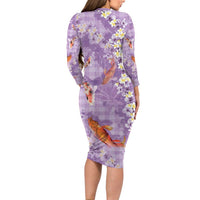 Purple Palaka Hawaiian And Japanese Long Sleeve Bodycon Dress Sakura Lei With Koi Fish DT05 - Polynesian Pride