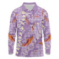 Purple Palaka Hawaiian And Japanese Long Sleeve Polo Shirt Sakura Lei With Koi Fish DT05 Purple - Polynesian Pride