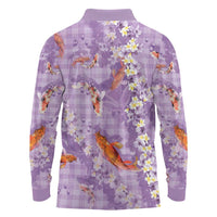 Purple Palaka Hawaiian And Japanese Long Sleeve Polo Shirt Sakura Lei With Koi Fish DT05 - Polynesian Pride