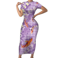 Purple Palaka Hawaiian And Japanese Short Sleeve Bodycon Dress Sakura Lei With Koi Fish DT05 Long Dress Purple - Polynesian Pride