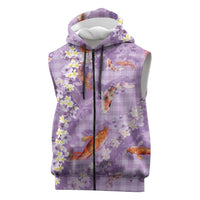 Purple Palaka Hawaiian And Japanese Sleeveless Zip Hoodie Sakura Lei With Koi Fish DT05 Purple - Polynesian Pride
