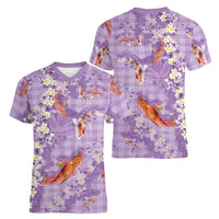 Purple Palaka Hawaiian And Japanese Women V-Neck T-Shirt Sakura Lei With Koi Fish DT05 - Polynesian Pride