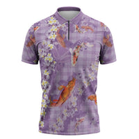 Purple Palaka Hawaiian And Japanese Zipper Polo Shirt Sakura Lei With Koi Fish DT05 Purple - Polynesian Pride