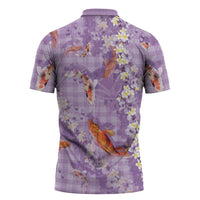 Purple Palaka Hawaiian And Japanese Zipper Polo Shirt Sakura Lei With Koi Fish DT05 - Polynesian Pride