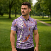 Purple Palaka Hawaiian And Japanese Zipper Polo Shirt Sakura Lei With Koi Fish DT05 - Polynesian Pride