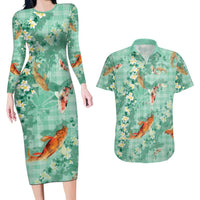 Green Palaka Hawaiian And Japanese Couples Matching Long Sleeve Bodycon Dress and Hawaiian Shirt Sakura Lei With Koi Fish DT05 Green - Polynesian Pride