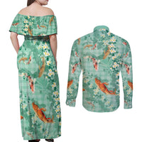 Green Palaka Hawaiian And Japanese Couples Matching Off Shoulder Maxi Dress and Long Sleeve Button Shirt Sakura Lei With Koi Fish DT05 - Polynesian Pride