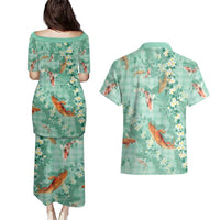 Green Palaka Hawaiian And Japanese Couples Matching Puletasi and Hawaiian Shirt Sakura Lei With Koi Fish DT05 - Polynesian Pride