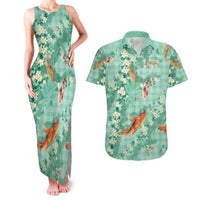 Green Palaka Hawaiian And Japanese Couples Matching Tank Maxi Dress and Hawaiian Shirt Sakura Lei With Koi Fish DT05 Green - Polynesian Pride