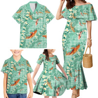 Green Palaka Hawaiian And Japanese Family Matching Mermaid Dress and Hawaiian Shirt Sakura Lei With Koi Fish DT05 - Polynesian Pride