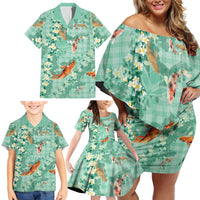 Green Palaka Hawaiian And Japanese Family Matching Off Shoulder Short Dress and Hawaiian Shirt Sakura Lei With Koi Fish DT05 - Polynesian Pride