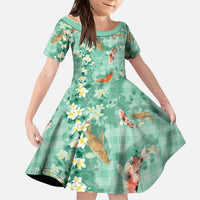 Green Palaka Hawaiian And Japanese Kid Short Sleeve Dress Sakura Lei With Koi Fish - Polynesian Pride