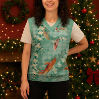 Green Palaka Hawaiian And Japanese Christmas Knitted V-Neck Vest Sakura Lei With Koi Fish DT05 - Polynesian Pride