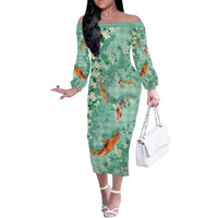Green Palaka Hawaiian And Japanese Off The Shoulder Long Sleeve Dress Sakura Lei With Koi Fish DT05 Women Green - Polynesian Pride