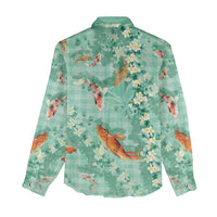 Green Palaka Hawaiian And Japanese Women Casual Shirt Sakura Lei With Koi Fish DT05 - Polynesian Pride