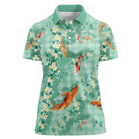 Green Palaka Hawaiian And Japanese Women Polo Shirt Sakura Lei With Koi Fish DT05 Female Green - Polynesian Pride