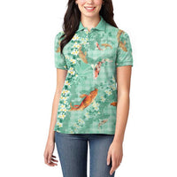 Green Palaka Hawaiian And Japanese Women Polo Shirt Sakura Lei With Koi Fish DT05 - Polynesian Pride