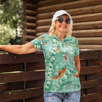 Green Palaka Hawaiian And Japanese Women Polo Shirt Sakura Lei With Koi Fish DT05 - Polynesian Pride