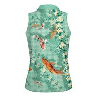 Green Palaka Hawaiian And Japanese Women Sleeveless Polo Shirt Sakura Lei With Koi Fish DT05 - Polynesian Pride