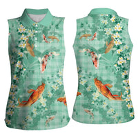 Green Palaka Hawaiian And Japanese Women Sleeveless Polo Shirt Sakura Lei With Koi Fish DT05 - Polynesian Pride