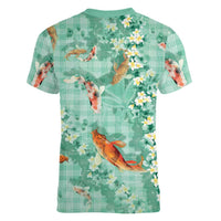Green Palaka Hawaiian And Japanese Women V-Neck T-Shirt Sakura Lei With Koi Fish DT05 - Polynesian Pride