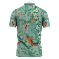 Green Palaka Hawaiian And Japanese Zipper Polo Shirt Sakura Lei With Koi Fish - Polynesian Pride