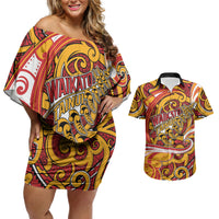 Custom Aotearoa Waikato Tainui Couples Matching Off Shoulder Short Dress and Hawaiian Shirt Maori Tribal Pattern Koru Motif
