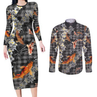 Black Palaka Hawaiian And Japanese Couples Matching Long Sleeve Bodycon Dress and Long Sleeve Button Shirt Sakura Lei With Koi Fish DT05 Black - Polynesian Pride