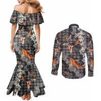 Black Palaka Hawaiian And Japanese Couples Matching Mermaid Dress and Long Sleeve Button Shirt Sakura Lei With Koi Fish DT05 - Polynesian Pride