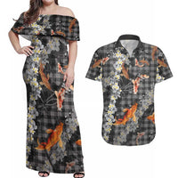Black Palaka Hawaiian And Japanese Couples Matching Off Shoulder Maxi Dress and Hawaiian Shirt Sakura Lei With Koi Fish DT05 Black - Polynesian Pride