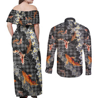 Black Palaka Hawaiian And Japanese Couples Matching Off Shoulder Maxi Dress and Long Sleeve Button Shirt Sakura Lei With Koi Fish DT05 - Polynesian Pride
