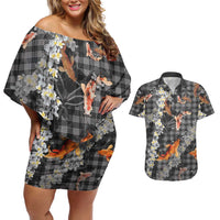 Black Palaka Hawaiian And Japanese Couples Matching Off Shoulder Short Dress and Hawaiian Shirt Sakura Lei With Koi Fish DT05 Black - Polynesian Pride