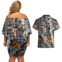 Black Palaka Hawaiian And Japanese Couples Matching Off Shoulder Short Dress and Hawaiian Shirt Sakura Lei With Koi Fish DT05 - Polynesian Pride