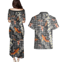 Black Palaka Hawaiian And Japanese Couples Matching Puletasi and Hawaiian Shirt Sakura Lei With Koi Fish DT05 - Polynesian Pride
