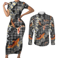 Black Palaka Hawaiian And Japanese Couples Matching Short Sleeve Bodycon Dress and Long Sleeve Button Shirt Sakura Lei With Koi Fish DT05 Black - Polynesian Pride